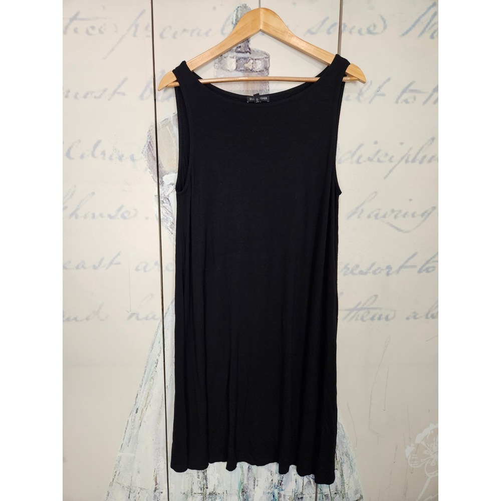 Eileen Fisher Sleeveless Shift Dress M Black Viscose Stretch Minimalist Jersey